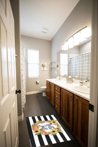 Watercolor Sunflowers Pumpkins Plush Shag Bath Rugs Thanksgiving Wreath Soft Fluffy Floor Doormat Carpet,Non-Slip Door Mats for Living Room Bedroom Kitchen Entryway Black White Stripe in Wooden and Grey Bathroom
