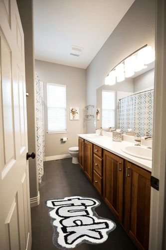 RoomTalks Funny Cute 2x3 Rugs for Bedroom Bathroom Dorm Kitchen Non Slip Machine Washable, Black White Gray Swear Words Fuck Funky Cool Small Area Rug Fluffy Shaggy Bedside Accent Rug in Wooden and Grey Bathroom
