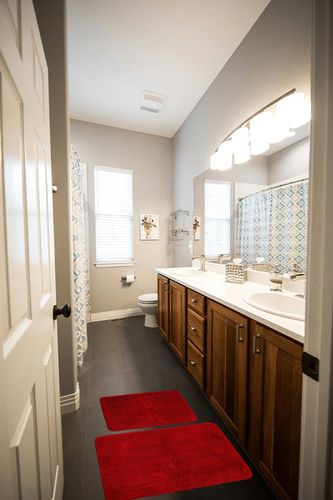 DSHXL 2 Piece Bathroom Rugs and Mats Sets, Soft Bath Mats for Bathroom with Non-Slip Backing, Machine Washable Microfiber Absorbent Bath Rugs (16''x24'' Plus 20''x32'', Red) … in Wooden and Grey Bathroom