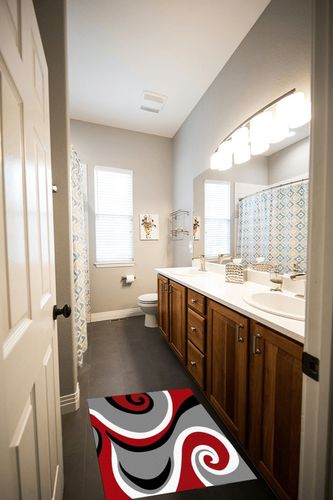 Rectangular Area Rug for Living Room, Bedroom, Red Black Non-Slip Residential Carpet, Kitchen Rugs, Modern Gray Moire Geometric Abstract Art Floor Mat with Rubber Backing 2' x 3' in Wooden and Grey Bathroom