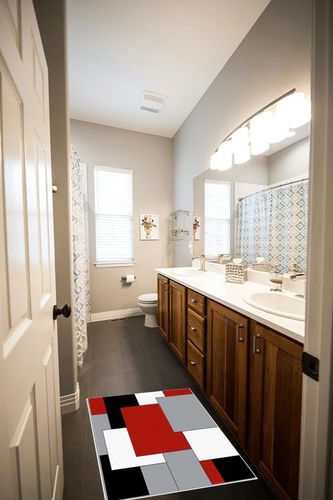 Black and Red Rug, Modern Geometric Area Rug, Red Rugs for Living Room, Non-Shedding Living Room Rugs, Area Rugs for Bedroom Decor Living Room Decor, Room Decor Aesthetic Carpet, 2x3 Feet Washable Rug in Wooden and Grey Bathroom