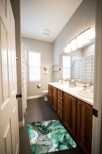 Green Marble Bath Mat Modern Emerald Green Abstract Marble Texture Gold Stripes Ombre Watercolor Gradient Cracked Lines Minimalist Aesthetic Dark Green Memory Foam Bathroom Rugs Bedroom Decor Doormat in Wooden and Grey Bathroom