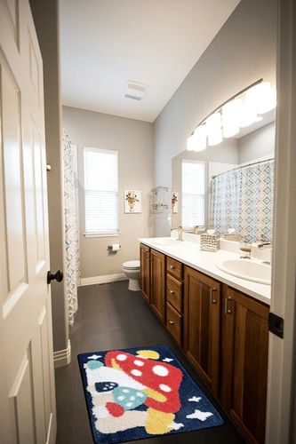 Molesun Mushroom Bath Mat Bathroom Rug, Cartoon Microfiber Non-Slip Shower Rug Water Absorbent Plush Soft Cute Bath Rug Thick Shaggy Floor Mats, Machine Washable, Mushroom, 20" x 31" in Wooden and Grey Bathroom