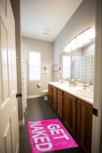 Evovee Get Naked Bath Mat Hot Pink with Light Pink Text Funny Cute Bathroom Rugs Magenta Peach Dark Pink Rug Shower Funny Bathroom Decor for Girls Women Fun Cute Non-Slip College Apartment in Wooden and Grey Bathroom