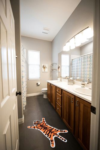 Tiger Printed Rug/Mat for Bathroom, Faux Tiger Non-Slip Door Mat Area Rug Absorbent Bathtub Rug for Small Home Decor Animal Printed Carpet Bathroom Plush Shower Rugs (Orange) in Wooden and Grey Bathroom