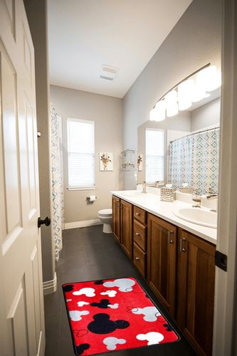 Cute Mouse Home Decor Indoor Mat, Front Back Door Rugs Durable Rubber Backing Non-Slip Doormat, Red Mickey Cartoon Low Profile Inside Entry Door Rug, 22" x 34" in Wooden and Grey Bathroom