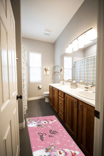 Kitchen Rugs Long Floor Door Mats Absorbent Entryway Rug Winter Christmas Snowman Bird Indoor Carpet Non-Slip Area Runner,White Snowflake on Pink Entrance Doormat for Bedroom Bathroom in Wooden and Grey Bathroom