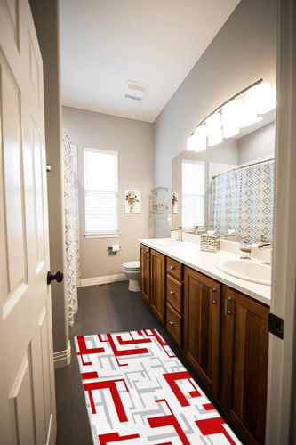Hallway Runner Rug,Mid Century Geometric Pattern Red Gray White Modern Art Christmas Non Slip Water Absorbent Rug Indoor Entrance Floor Mat Runner for Home Garage Kitchen Laundry 19.7x63in in Wooden and Grey Bathroom
