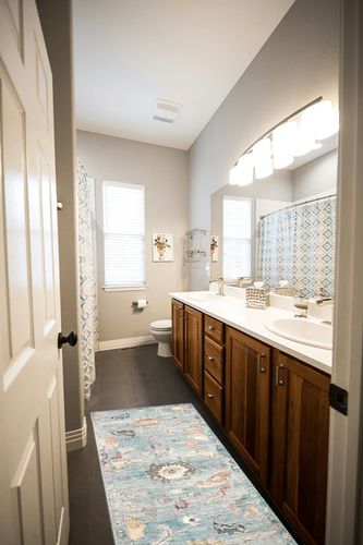 Loloi II Margot Collection MAT-06 Denim/Multi 2'-0" x 5'-0" Accent Rug feat. CloudPile in Wooden and Grey Bathroom