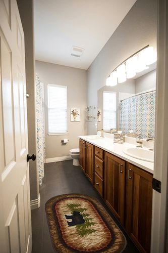 Cozy Cabin CC5276 Birch Bear Non Skid Rug 20"x44" Wedge Brown in Wooden and Grey Bathroom