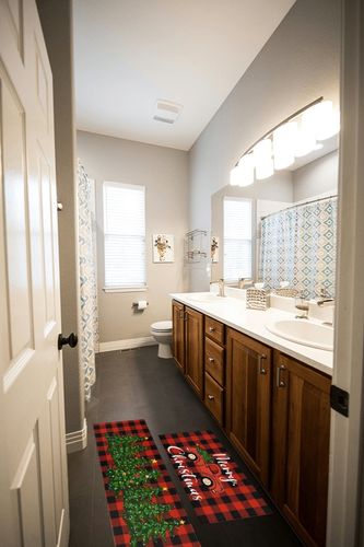 Buffalo Plaid Red Farm Truck Merry Christmas Tree Kitchen Rugs and Mats Set 2 Piece for floor , Xmas Winter Holiday Non Slip Low-Profile Sink Rug Mat Decorations for Home Kitchen 18"x48"+18"x30" in Wooden and Grey Bathroom