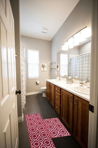 Magstonee 2 Pieces Kitchen Rug TPR Backing Mat for Doorway Bathroom Runner Rug Set (15"x23"+15"x47", Red) in Wooden and Grey Bathroom
