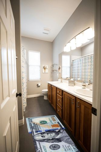 Ottomanson Machine Washable $100 Bill Design Indoor Cotton 22x53 Modern Runner Rug for Hallway, Kitchen, Bedroom, 22" x 53", Green/Multicolor in Wooden and Grey Bathroom