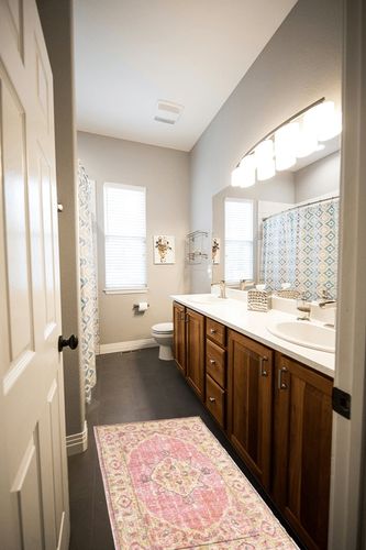 French Connection Home Kenora Colorwashed Kilim Accent Rug, 27" W x 46" L, Pink in Wooden and Grey Bathroom
