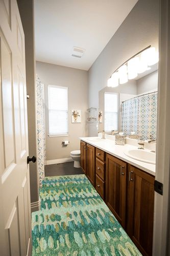 Dash and Albert Paint Chip Moss Hand Micro Hooked Wool Rug, Runner-2.5 X 8 Feet, Multi/Green Geometric Pattern in Wooden and Grey Bathroom