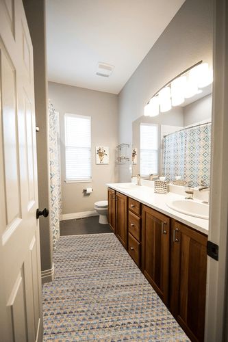 Home Conservatory Geometric Rag Denim Handwoven Jute Rug, 2.5 X 8 Feet, Blue/Neutral Geometric Pattern in Wooden and Grey Bathroom