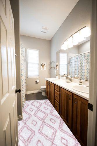 nuLOOM Iola Geometric Shag Runner Rug, 2' 8" x 8', Pink in Wooden and Grey Bathroom