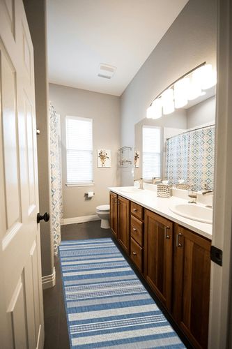 Couristan Gazebo Area Rug, 2'3" x 7'10", Champagne Blue in Wooden and Grey Bathroom