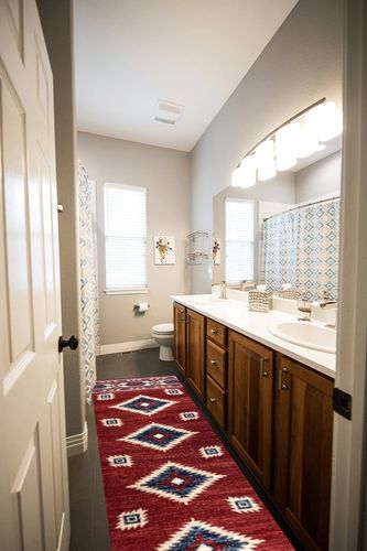JONATHAN Y SWC100A-28 Serape Medallion Southwestern Indoor Runner Rug, Geometric, Country, Bohemian, Classic, Traditional for Bedroom,Kitchen,Living Room,Non Shedding,Easy-Washing, Red, 2 X 8 in Wooden and Grey Bathroom