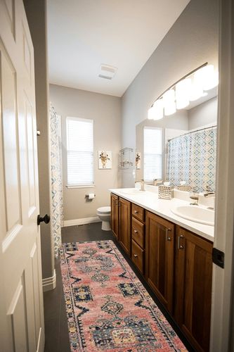 Loloi II Jocelyn Collection JOC-06 Rose/Rose 2'-3" x 7'-6" Runner Rug in Wooden and Grey Bathroom