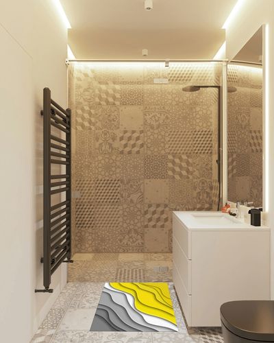 Yellow Gradient Area Rugs in White Tiled Bathroom