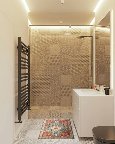 Geometric Tribal Oriental Non Slip Hallway Doormat in White Tiled Bathroom