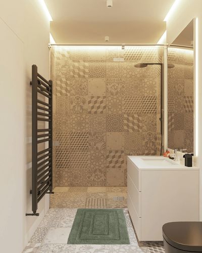 Kassatex Kassa Design Bath Rug, 24 x 40 in, Moss in White Tiled Bathroom
