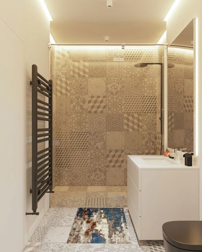 Semiha Abstract Blue/Beige Area Rug 17 Stories Rug Size: Rectangle 2' x 3' in White Tiled Bathroom