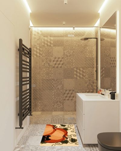Jellybean Autumn Watch Accent Rug in White Tiled Bathroom