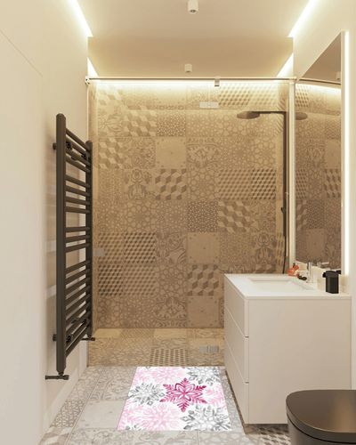 Rectangular Area Rug for Living Room, Bedroom, Pink Grey Snowflake Christmas Non-Slip Residential Carpet, Kitchen Rugs, Xmas Winter Snowflake Floor Mat with Rubber Backing 2' x 3' in White Tiled Bathroom