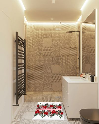 OComster Christmas Rectangle Shape Large Area Rugs - 2 x 3 Feet Xmas Poinsettia Pinecone Green Leaf Berry Red Striped - (Non-Woven + Rubber) Low File Floor Mat in White Tiled Bathroom