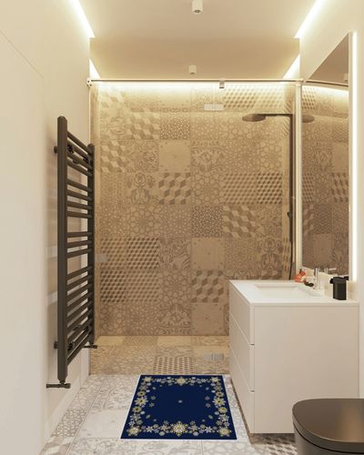 OComster Christmas Rectangle Shape Large Area Rugs - 2 x 3 Feet Yellow White Snowflake Winter Navy Blue Xmas - (Non-Woven + Rubber) Low File Floor Mat in White Tiled Bathroom