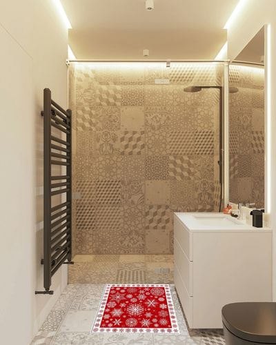 Rectangular Area Rug for Living Room, Bedroom, Christmas Non-Slip Residential Carpet, Kitchen Rugs, Xmas Red Snowflake Winter Christmas Red Floor Mat with Rubber Backing 2' x 3' in White Tiled Bathroom
