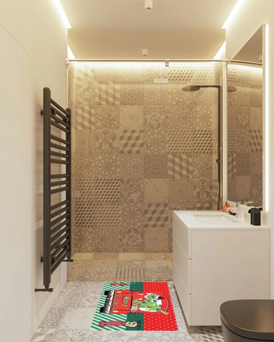 Christmas Doormat, Christmas Decoration Non-Slip Doormat, 3D Visual Illusion Fluffy Carpet. in White Tiled Bathroom