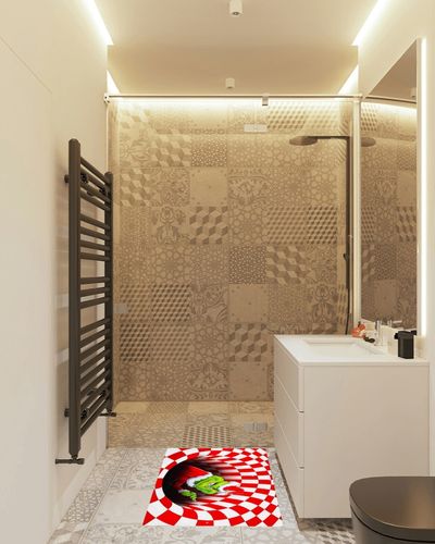 wiemsdoy Merry Christmas Grinch Doormat, Non-Slip Visual 3D Illusion Rug, for Christmas Indoor Outdoor Home Party (2FT x 3FT, Red) in White Tiled Bathroom