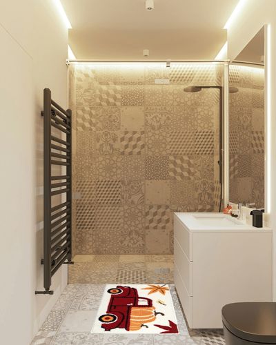 FOFARY Fall Bathroom Rug Orange Bath Mats Non Slip Funny Bathroom Decor Truck Pumpkin Autumn Maple Leaves Washable Bath Mats for Bathroom Entryway Shower 20"x32" in White Tiled Bathroom