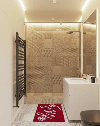 SKL Home By Saturday Knight Ltd. Winter Greetings Rug, Red in White Tiled Bathroom