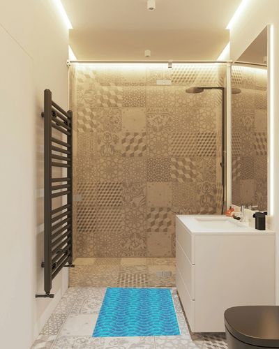 Abstract Art Plush Shag Bath Rugs Blue Wave Stripe Soft Fluffy Floor Doormat Carpet,Non-Slip Door Mats for Living Room Bedroom Kitchen Entryway Aesthetic Geometric Plaid in White Tiled Bathroom