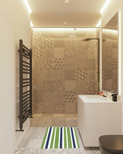 Chaven Home Modern Fluffy Shag Bath Mat Geometric Green Navy Blue White Color Art Area Rugs Warm Soft Plush Shaggy Floor Door Mats for Bathroom/Bedroom/Living Room/Entry Way Decor Horizontal Stripes in White Tiled Bathroom