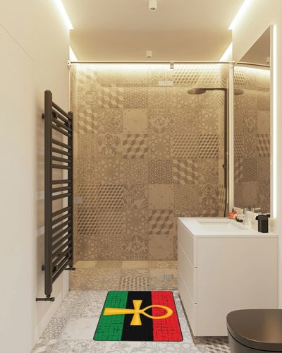 Red and Green Ankh Egyptian Gods Symbol Carpet, Living Room, Bedroom Home Decoration Anti-Slip Rug, Floor Mat in White Tiled Bathroom