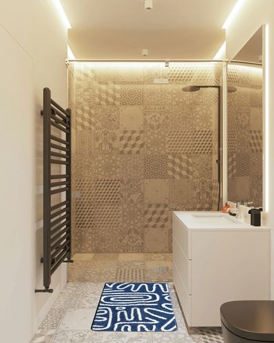 XYRuiHang Abstract Bath Rugs for Bathroom Decor Blue White Line Art Flocked Microfiber Fluffy Bath Mats Non Slip Absorbent Machine Washable (20x31 inch) in White Tiled Bathroom