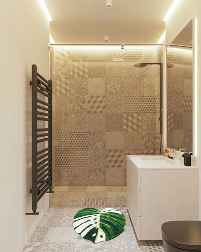 FrecklePot Albo Monstera Non Slip Bath Mat or Kitchen Tufted Rug | Plant Leaf Shaped Kids Pets Floor Mat Carpet, Green, 30" x 28" in White Tiled Bathroom