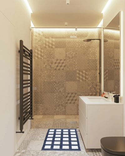 Dash and Albert Paver Navy Handwoven Indoor/Outdoor Rug, 2 X 3 Feet, White/Blue Geometric Pattern in White Tiled Bathroom