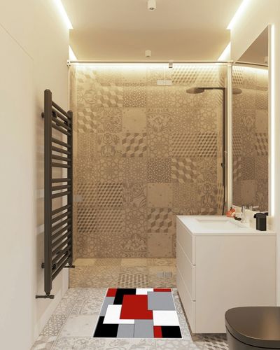 Red Black Geometric Area Rugs Indoor Non-Slip Rectangle Rug 2x3 ft, Abstract Color Block Red Black Gray Rug Rubber Backing Floor Mats Contemporary Home Decor Carpet for Entryway Living Room in White Tiled Bathroom