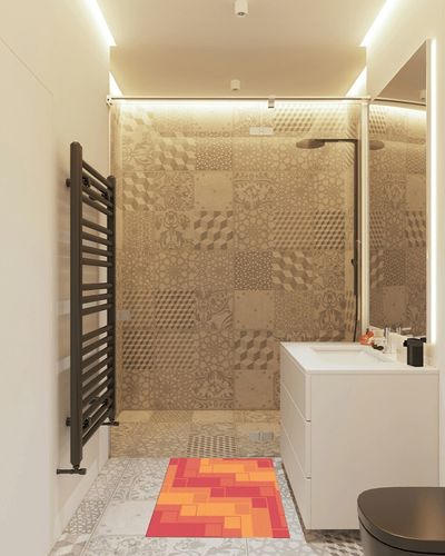 Teounai Orange Pink Geometric Plaid Area Rug, Modern Creative Art Deco Rug, Comfortable Soft Breathable with Non-Slip Backing Perfect for Living Room Bedroom Study Office Dining Room 3 x 2ft in White Tiled Bathroom