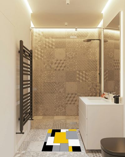 Area Rug, White Yellow Color Block Geometric Rug, 2x3 Feet Rugs for Living Room Bedroom Kids Room Kids Room Nursery Classroom, Non-Slip Comrft Carpet Washable Rug in White Tiled Bathroom