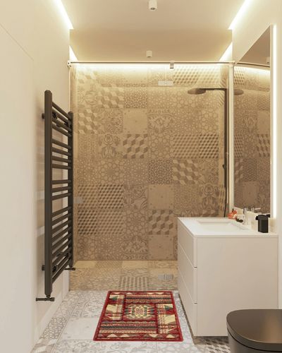 Zacoo Modern Rug 2x3 Door Mat Indoor Entrance Bohemian Small Entryway Carpet Kitchen Rugs Non-Slip Geometric Low-Pile Area Rugs for Living Room Bedroom Nursery, Red/Yellow in White Tiled Bathroom