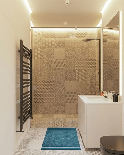 DII Variegated Recycled Yarn Modern Edge Stripe, 2x3', Teal in White Tiled Bathroom