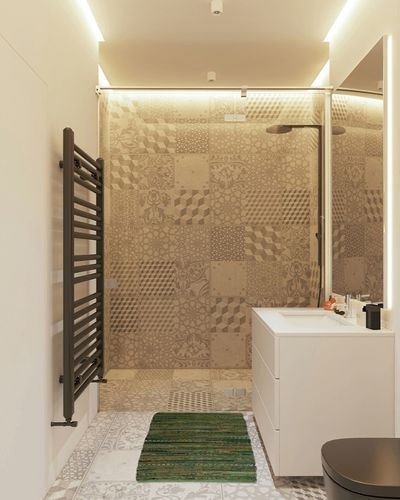 DII Chindi Home Collection Handwoven Multicolor Area Rag Run, 20x31.5, Olive Green in White Tiled Bathroom