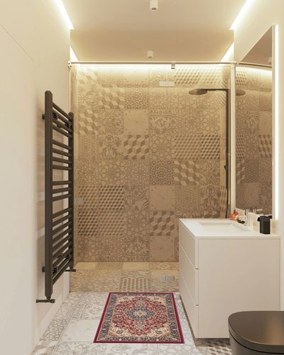 Kirsten Traditional Oriental Red Scatter Mat Rug, 2' x 3' in White Tiled Bathroom